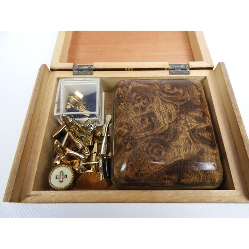 157 - Marquetry Inlaid Box and Contents - Cufflinks