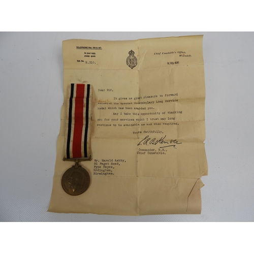 354 - Special Constabulary Long Service Medal with Original Papers Awarded to Harold Ashby