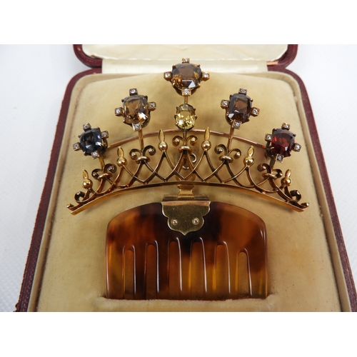 368 - Unmarked Gold and Tortoiseshell Hair Comb and Detachable Brooch Set with Sapphire, Ruby, Citrine and... 