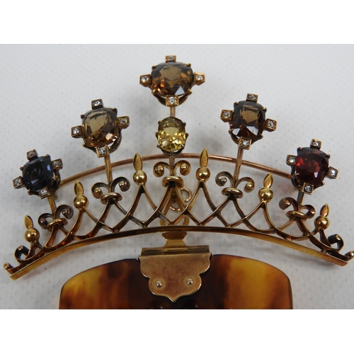 368 - Unmarked Gold and Tortoiseshell Hair Comb and Detachable Brooch Set with Sapphire, Ruby, Citrine and... 