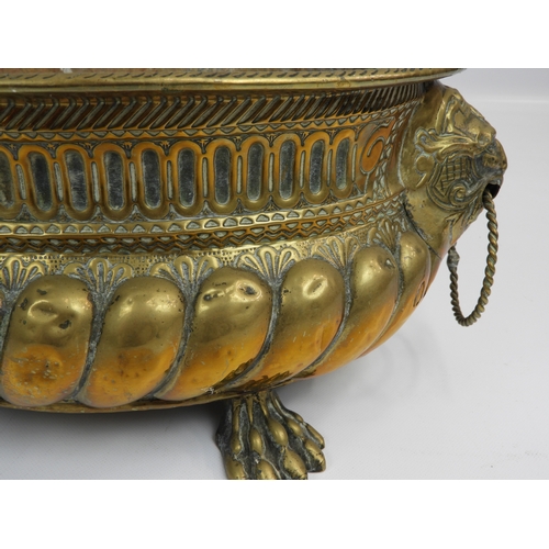 197 - Victorian Brass Wine Cooler on Claw Feet with Lion Mask Handles