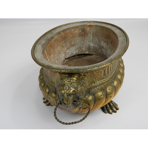 197 - Victorian Brass Wine Cooler on Claw Feet with Lion Mask Handles