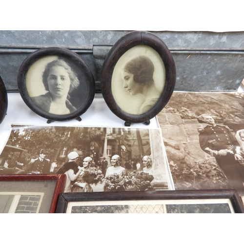 574 - Quantity of Photographs and Framed Family Pictures Belonging to M.E. Bird in Galvanised Tin