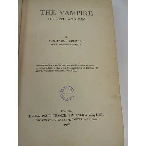 597 - Book - The Vampire His Kith and Kin By Montague Summers, Stamped East Ham Library 1928 Green Rexine ... 