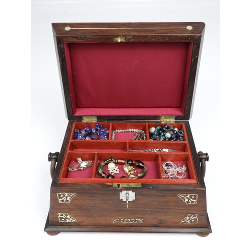 259 - Rosewood Jewellery Box and Contents with Key - Costume Jewellery Some Named 'Nina Ricci'