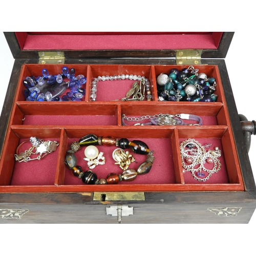 259 - Rosewood Jewellery Box and Contents with Key - Costume Jewellery Some Named 'Nina Ricci'