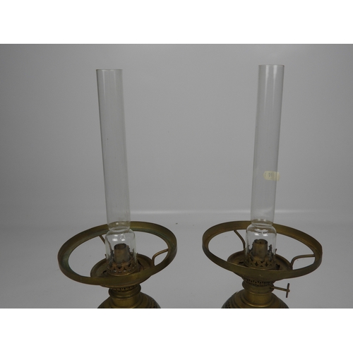 514 - Pair of Brass and Nut Oil Lamps with Chimneys and Unrelated Chimney and Globe