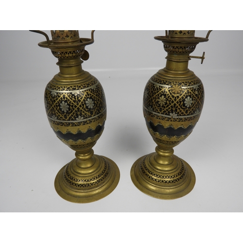 514 - Pair of Brass and Nut Oil Lamps with Chimneys and Unrelated Chimney and Globe