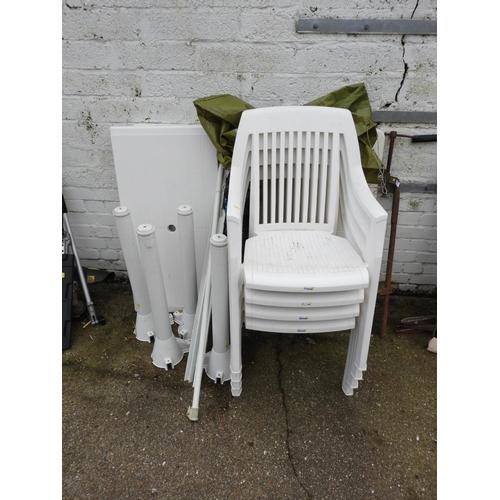 10 - Plastic Garden Table, Chairs and Parasol