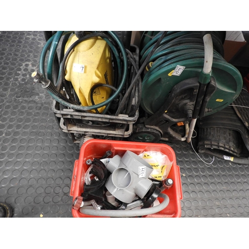 1377 - Karcher Pressure Washer, Hose on Reel and Box of Gutter Fittings etc