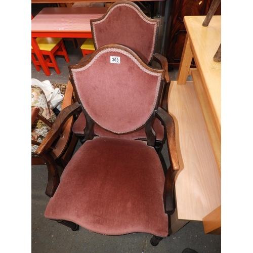 303 - Pair of Upholstered Shield Back Carver Chairs