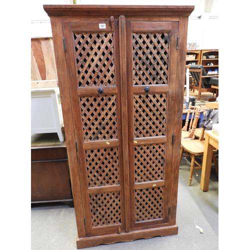 397 - Tall Wooden Cupboard with Lattice Panel Doors