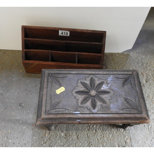 419 - Desk Tidy and Carved Footstool