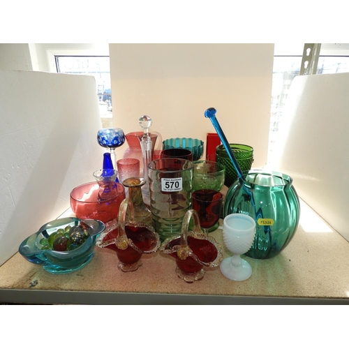 570 - Quantity of Coloured Glassware - Bowls, Glasses and Vases etc