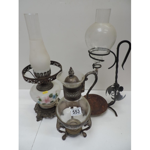 553 - Oil Lamp, Jug and Percolator