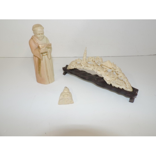 834 - Carved Bone/Ivory Bridge and Early Royal Worcester Porcelain Monk