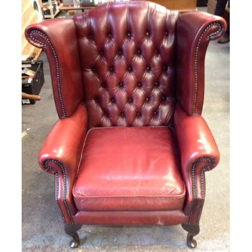 477 - Leather Button Back Wing Armchair