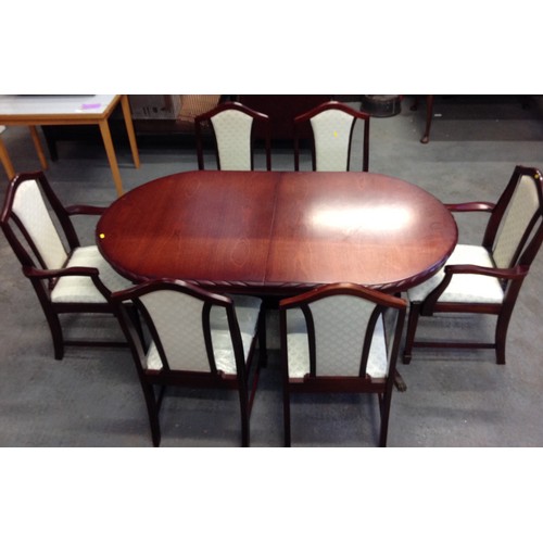 489 - Reproduction Extending Dining Table and 6x Matching Chairs (Two of which are Carvers)