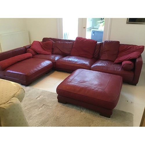 1031 - Large Red Leather Corner Sofa and Matching Pouffe