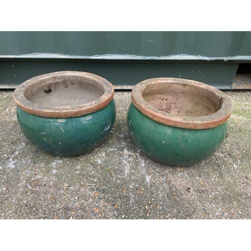 18 - 2x Small Green Glazed Planters