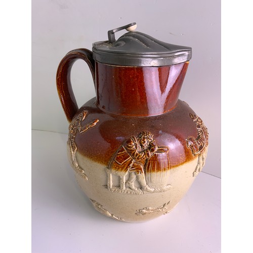 146 - London Potteries Salt Glaze Hunting Jug - Contemporary Pewter Top