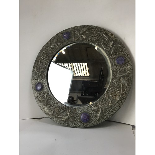 166 - Arts and Crafts Pewter Circular Mirror with Cabochons  - Diameter 45cm