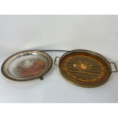 252 - Galleried Circular Tray, Brass Tray and Platedware Serving Dish