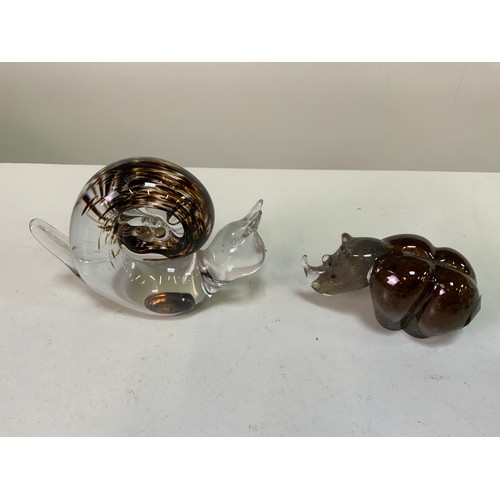 361 - Paperweights, Wedgwood Glass Snail and Langham Glass Rhinoceros etc