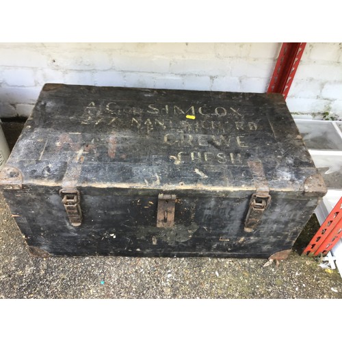 30 - Wooden Trunk - 74cm x 42cm x 32cm and Contents - Camping Stove, Gas etc