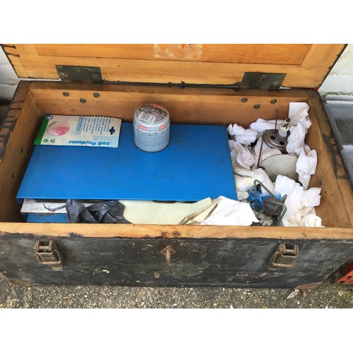 30 - Wooden Trunk - 74cm x 42cm x 32cm and Contents - Camping Stove, Gas etc