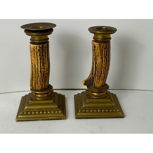 729 - Pair of Antler and Brass Candlesticks - Impressed Mark to Base - 15cm High