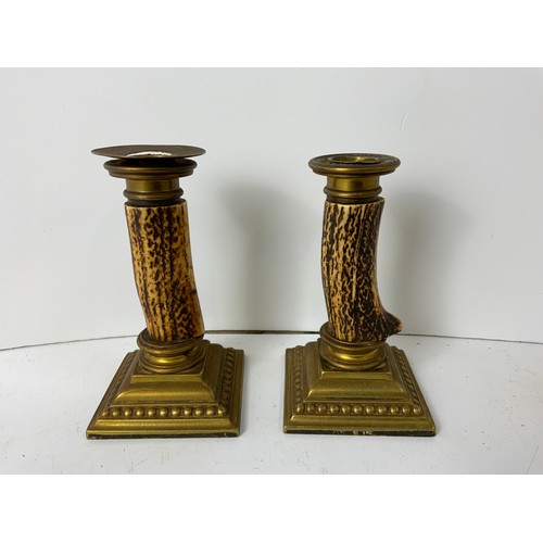 729 - Pair of Antler and Brass Candlesticks - Impressed Mark to Base - 15cm High