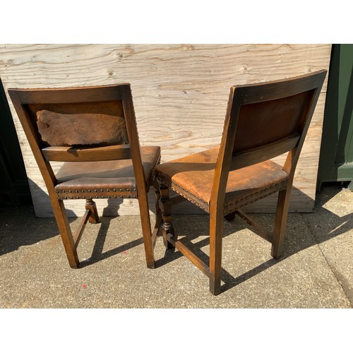 132 - Pair of Oak Leather Covered Roseback Brass Studded Chairs