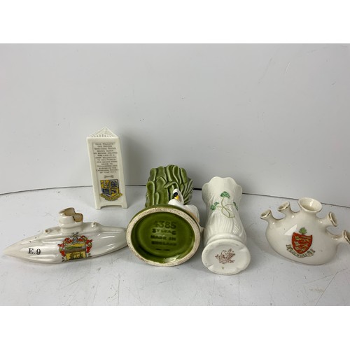 157 - Ornaments etc, Small Belleek Vase, Sylvac Swan Vase and Crested Ware etc