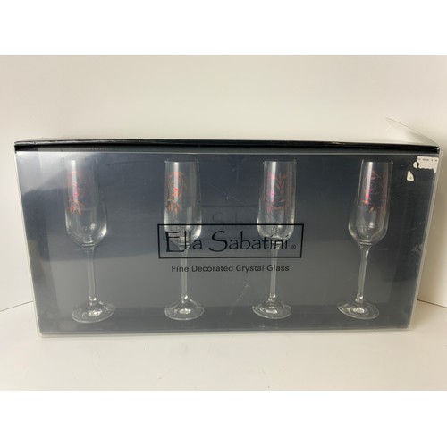 196 - Set of 4x Ella Sabatini Decorated Crystal Glasses and Boxed Plated Ware Fruit Salad Spoons