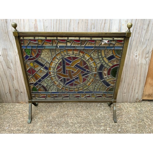 183 - Brass Stained Glass Fire Screen