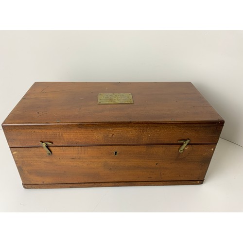 220 - Mahogany Standard Troy Weights Box with Brass Plaque and Handles - NB: No Weights