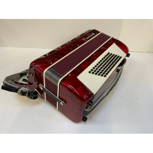 245 - 1970s - 1980s Parrot Red Accordion 96 Bass, 37 Treble - Keys in Case