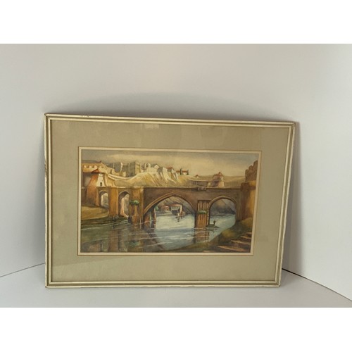 71 - Framed Original Watercolour - Bridge and River Scene - By T Axtens