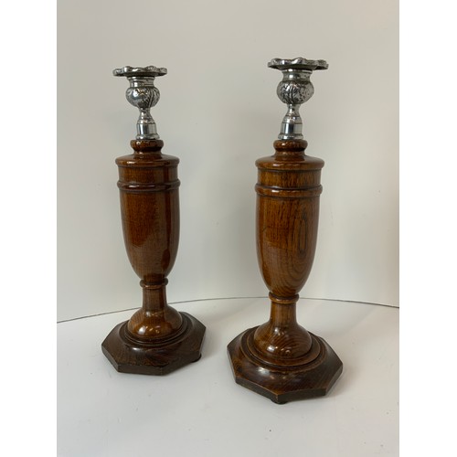 111 - Pair of Oak Candlesticks - Height 31cm