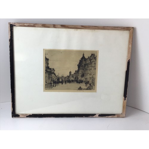 168 - Framed Etching - 1920s, Glasgow, Broomielaw Street Scene - By Harold Storey 1888 - 1965