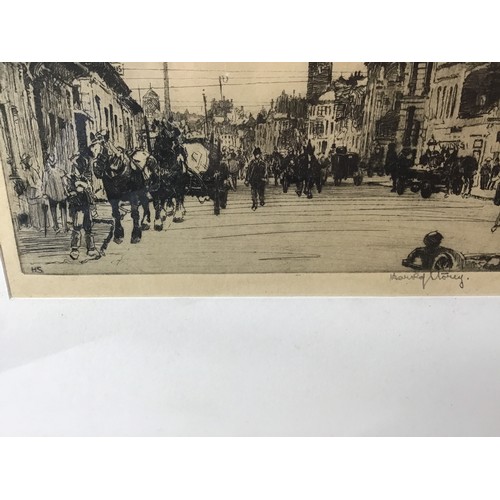 168 - Framed Etching - 1920s, Glasgow, Broomielaw Street Scene - By Harold Storey 1888 - 1965