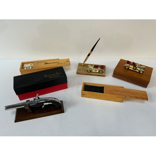 519 - Derringer Gun Table Lighter, Desk Set, Mahogany Box and 2x Domino Sets