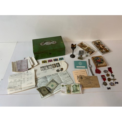 94 - Cash Tin, Ephemera, Badges and Perfume Bottles etc