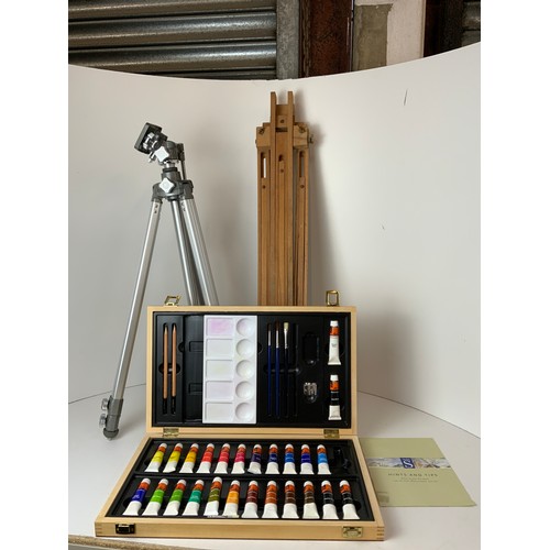 523 - Tripod, Artists Easel and Watercolour Paint Set