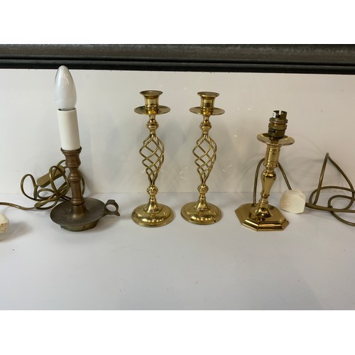 512 - Pair of Brass Candlesticks and 2x Brass Lamps