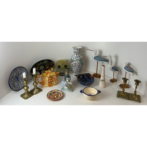 160 - 2x Pairs of Brass Candlesticks, Nao Ornament, Wooden Seagulls and Glass Owl Vase etc