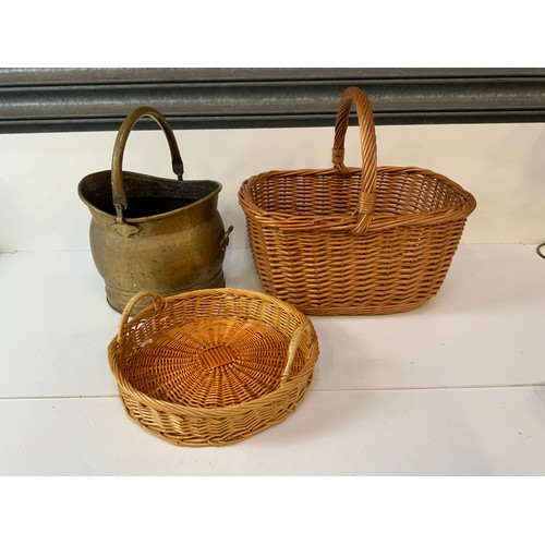 158 - Brass Coal Scuttle and 2x Wicker Baskets