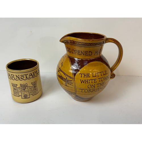 227 - Harry Juniper Opening of New Bideford Bridge Slipware Jug - 18cm High and Bideford Pottery Mug with ... 