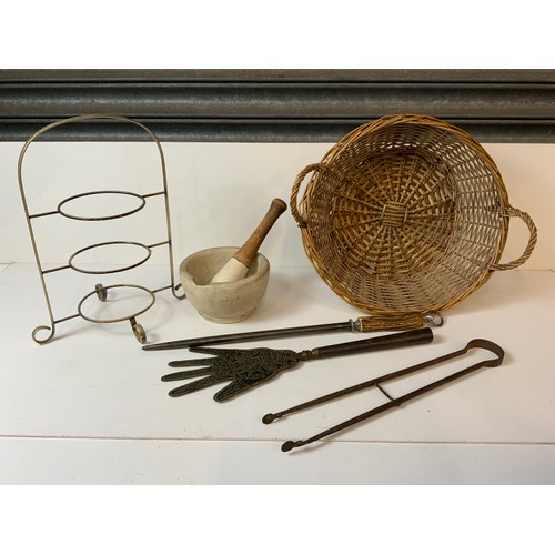 185 - Wicker Basket, Pestle and Mortar and Sharpening Steel etc